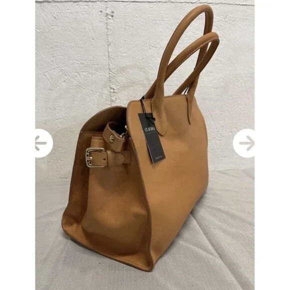 Claudia Firenze Genuine Italian Caramel Leather Tote Handbag Purse New - Picture 3 of 11